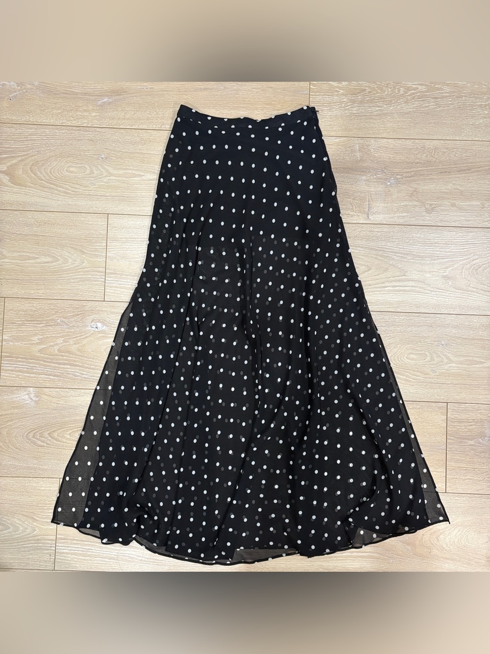 Forever 21 Polka Dot Chiffon Maxi Skirt Side Slits Black White XS